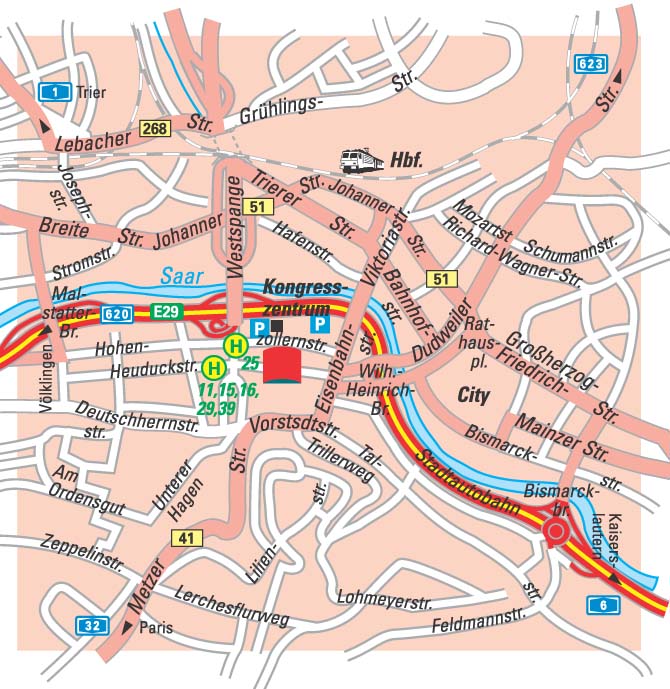 Stadtplanausschnitt, Wege zum Ibis Hotel Saarbrücken